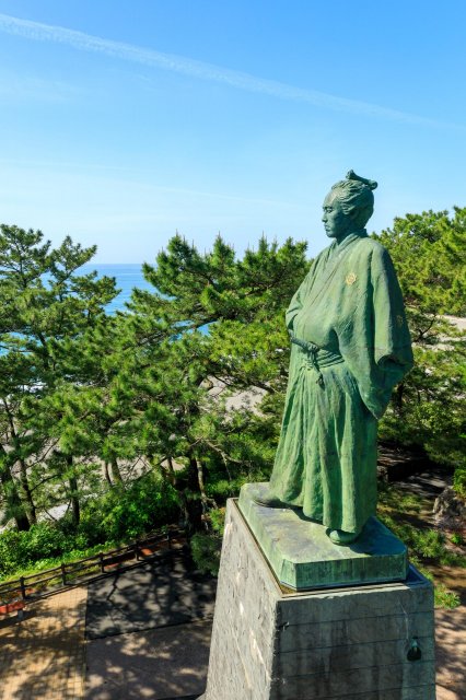 Katsurahama Beach in kochi, Japan - A scenic beach in Kochi famous for its beautiful moon-viewing spot and the iconic bronze statue of Sakamoto Ryoma, one of Japan's most influential historical figures during the Meiji Restoration.