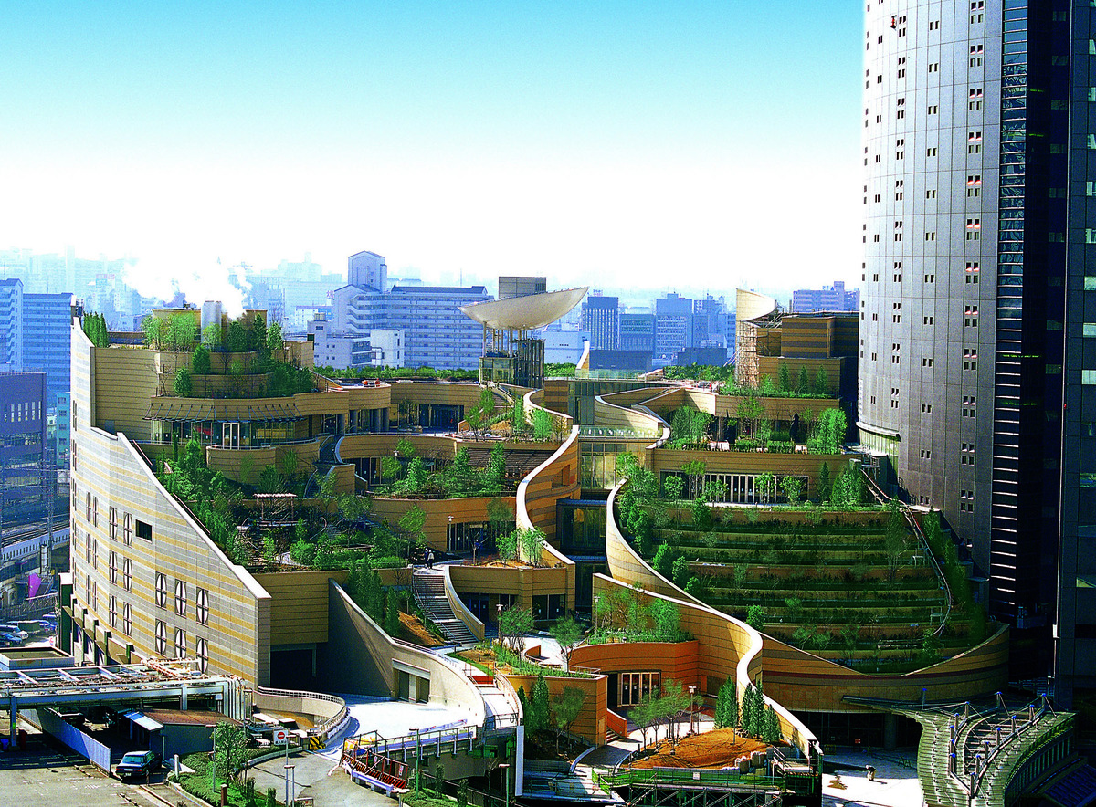 Namba Parks in osaka, Japan - An innovative multi-level shopping complex featuring rooftop garden terraces cascading eight floors, combining retail, dining, entertainment, and green space in Osaka's entertainment district.