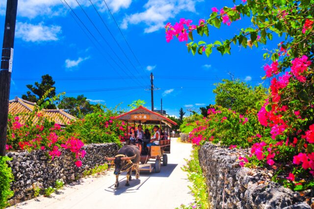 Taketomi Island in okinawa, Japan - Perfectly preserved traditional Ryukyuan village with red-tiled houses, white coral sand streets, and water buffalo cart tours offering a glimpse of old Okinawa.